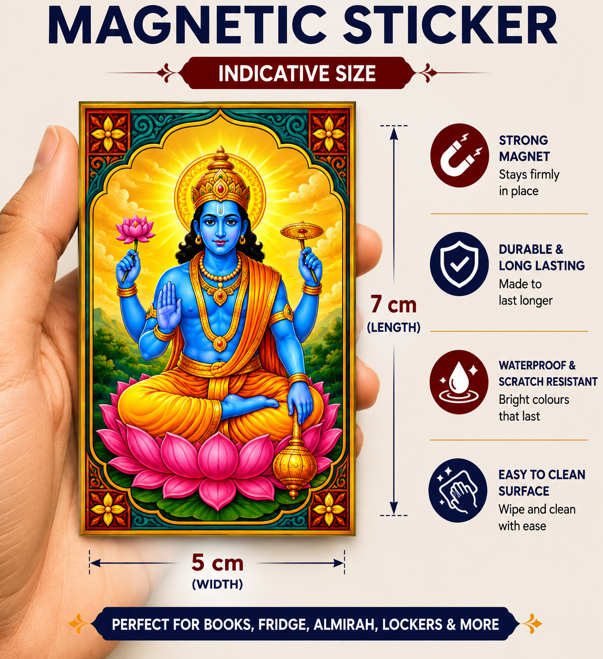 Vishnu Ji Ka Magnetic Sticker for Fridge & Iron Almirah | विष्णु जी का धार्मिक मैग्नेट | Hindu God Decorative Magnet | 7 x 5 cm