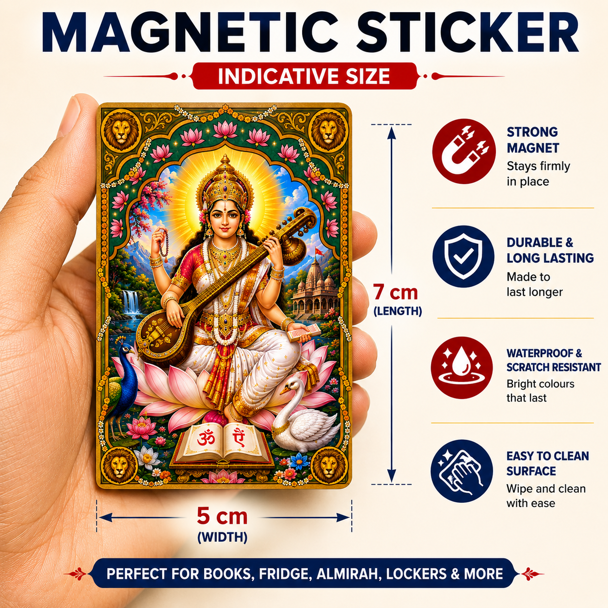 Sarswati Ji Magnetic Sticker for Fridge & Iron Almirah | सरस्वती जी धार्मिक मैग्नेट | Hindu God Decorative Magnet | 7 x 5 cm - PoojaBooks.Com