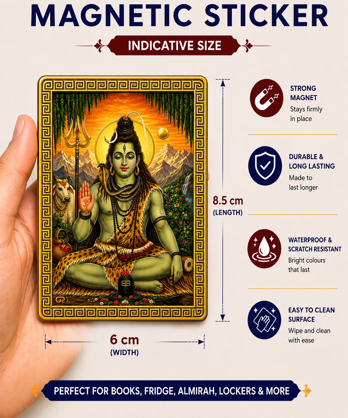 Shiva Ji Ka Golden Magnetic Sticker for Fridge & Iron Almirah | शिव जी का सुनेहरा धार्मिक मैग्नेट | Hindu God Decorative Magnet | 8.5 x 6 cm