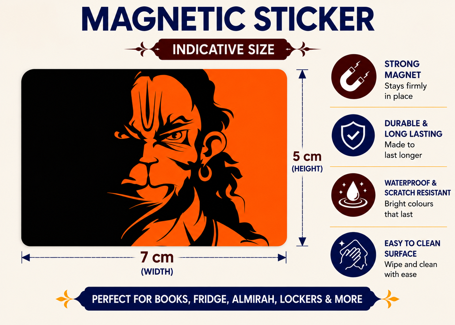Hanuman Ji Magnetic Sticker for Fridge & Iron Almirah | हनुमान जी धार्मिक मैग्नेट | Hindu God Decorative Magnet | 7 x 5 cm - PoojaBooks.Com