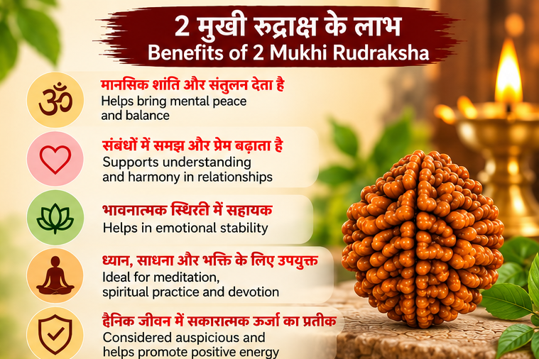 Traditional spiritual significance of 2 Mukhi Rudraksha associated with peace, harmony, emotional balance and devotion