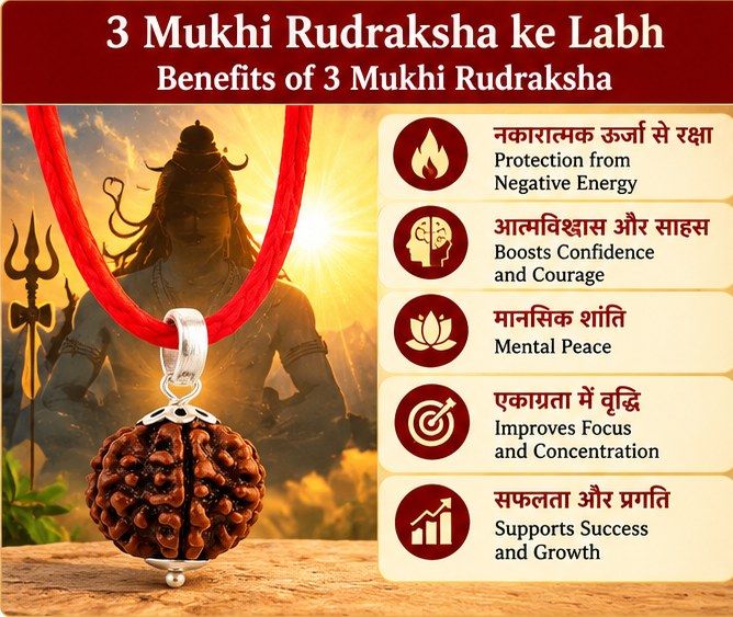 Traditional spiritual significance of 3 Mukhi Rudraksha in Hindi and English, associated with Agni and confidence