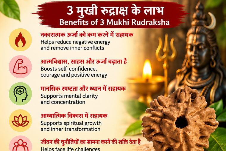 Traditional spiritual significance of 3 Mukhi Rudraksha associated with courage, self-confidence, mental clarity and spiritual growth