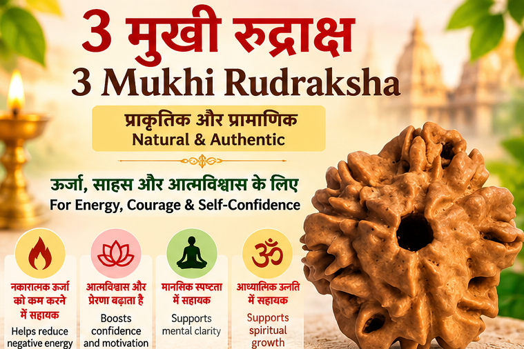 Large brown 3 Mukhi Rudraksha natural bead for puja, prayer, devotion and home worship