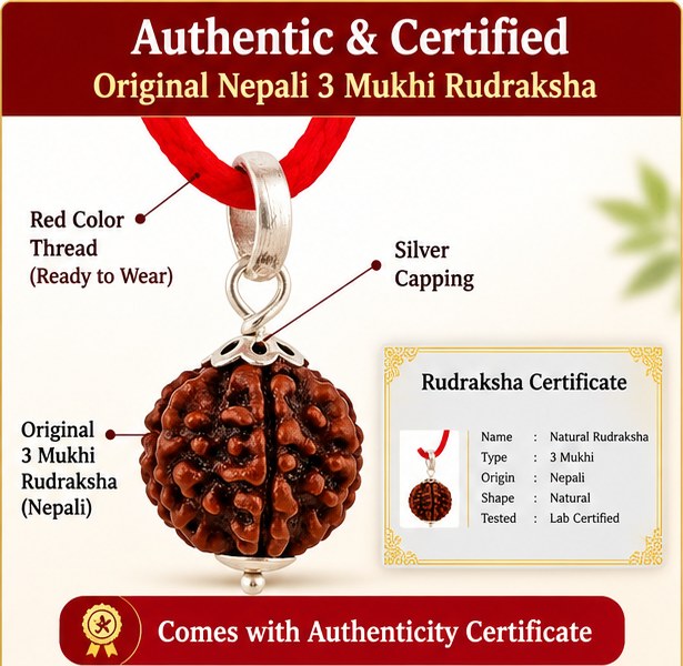Close-up of natural brown 3 Mukhi Rudraksha pendant with silver capping, red thread and certificate details