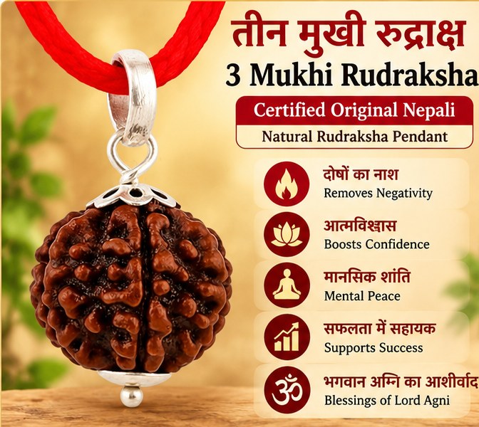 3 Mukhi Nepali Rudraksha pendant in brown with silver capping and red thread, ready to wear