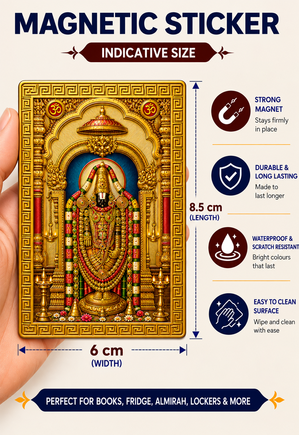 Tirupati Ka Golden Magnetic Sticker for Fridge & Iron Almirah | तिरुपति जी का सुनेहरा धार्मिक मैग्नेट | Hindu God Decorative Magnet | 8.5 x 6 cm