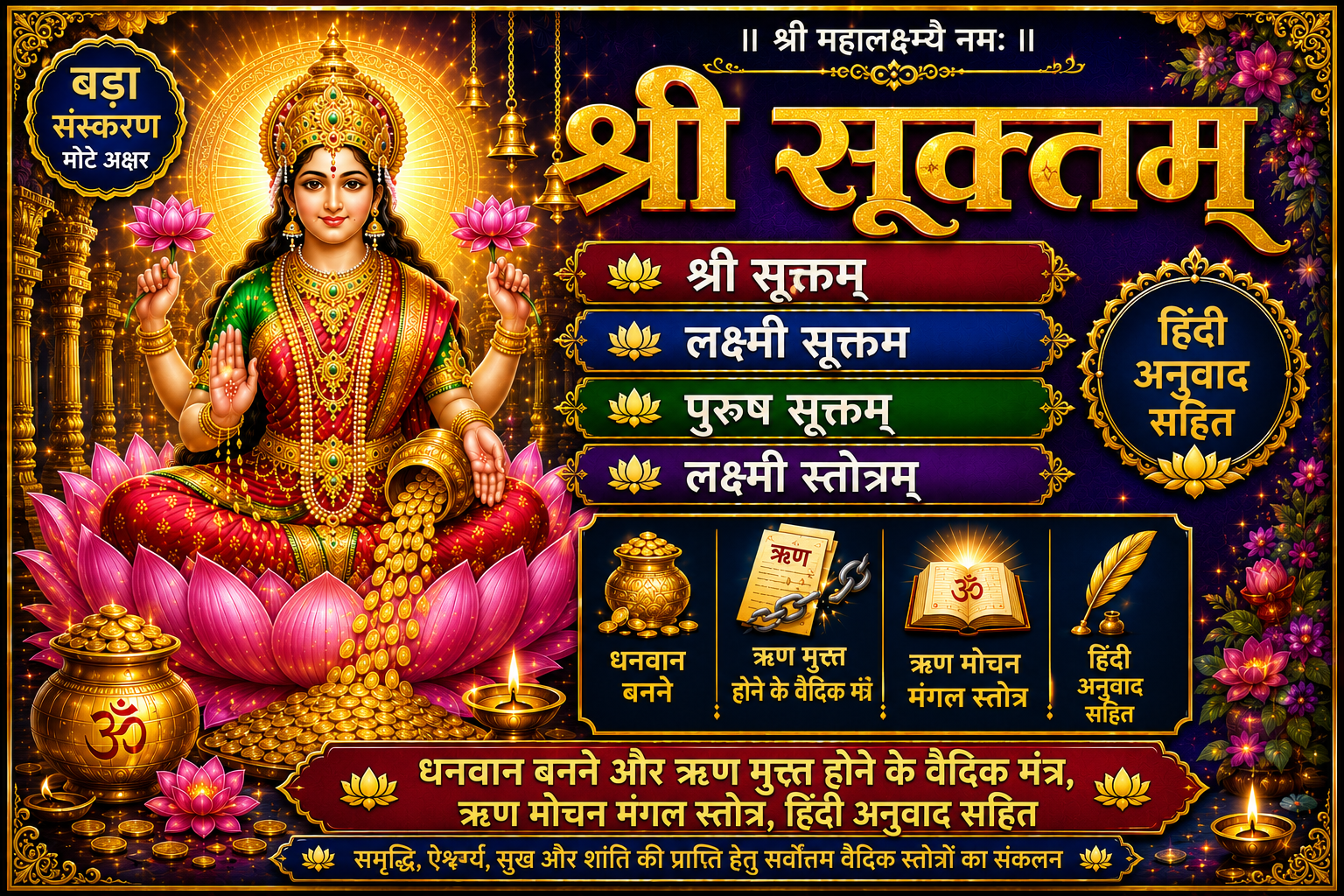 Shri Suktam | Powerful Vedic Hymn of Goddess Lakshmi with Hindi Meaning | श्री सूक्तम्: लक्ष्मी कृपा प्राप्ति हेतु वैदिक स्तोत्र हिंदी अर्थ सहित | श्री सूक्तम - लक्ष्मी सूक्तम पुरुष सूक्तम लक्ष्मी सूक्तम, कनक धरा स्तोत्र - PoojaBooks.Com