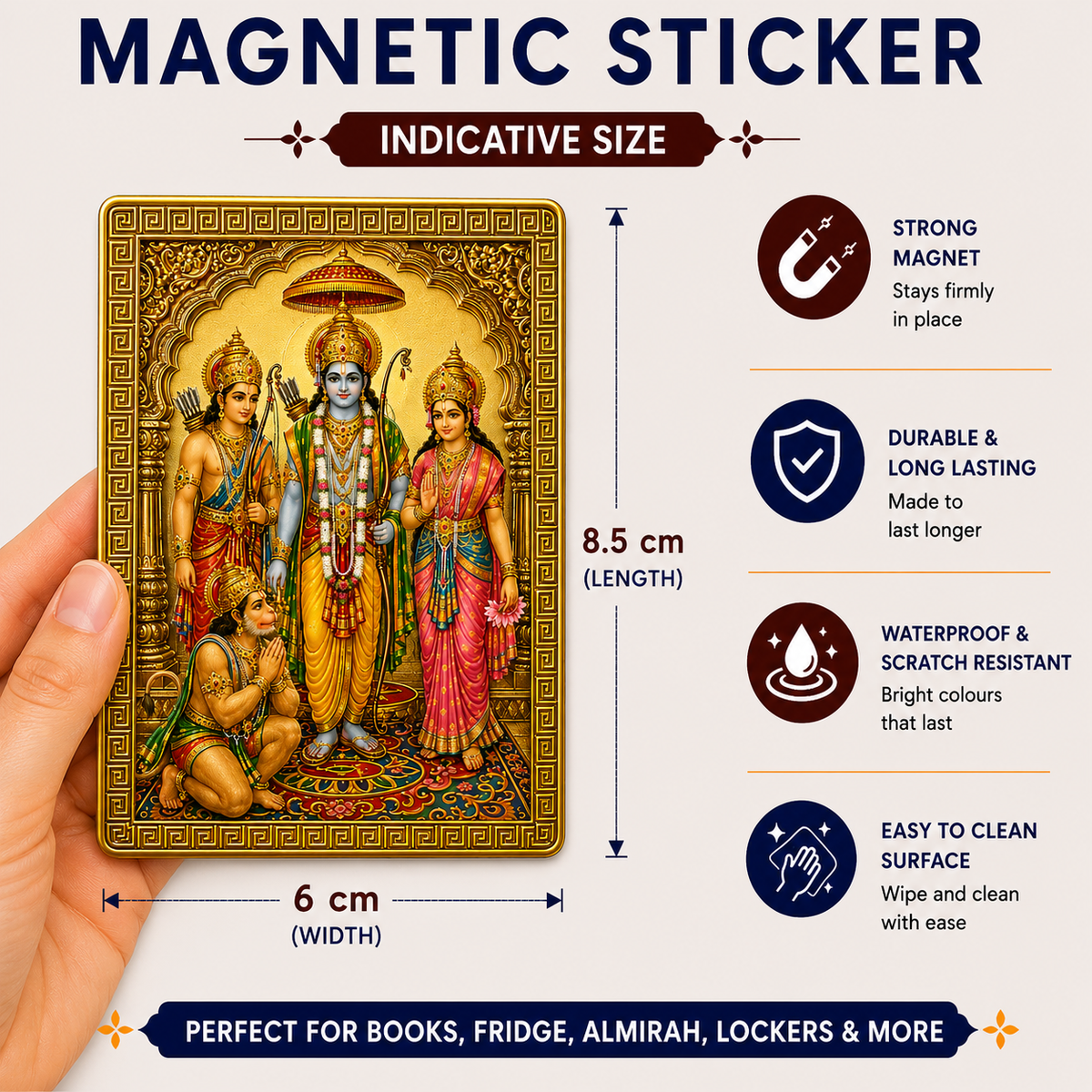Ram Parivar Ji Ka Golden Magnetic Sticker for Fridge & Iron Almirah | राम परिवार का सुनेहरा धार्मिक मैग्नेट | Hindu God Decorative Magnet | 8.5 x 6 cm