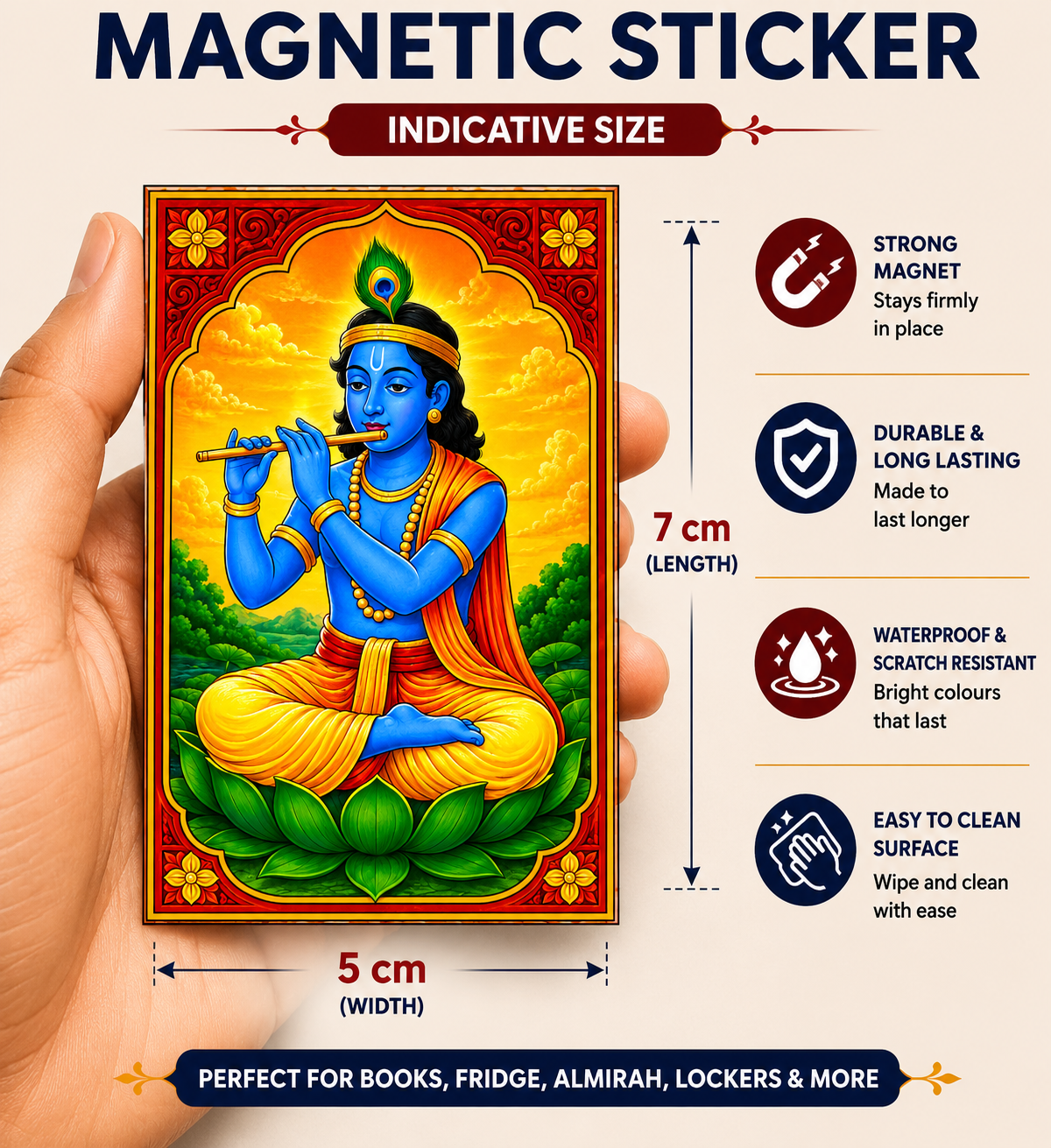 Krishna Ji Ka Magnetic Sticker for Fridge & Iron Almirah | कृष्ण जी का धार्मिक मैग्नेट | Hindu God Decorative Magnet | 7 x 5 cm