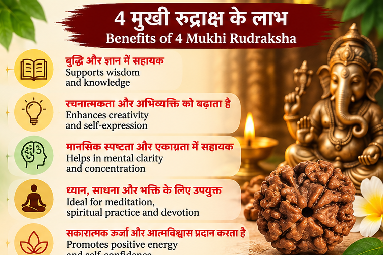 Traditional spiritual significance of 4 Mukhi Rudraksha associated with wisdom, knowledge, creativity and mental clarity