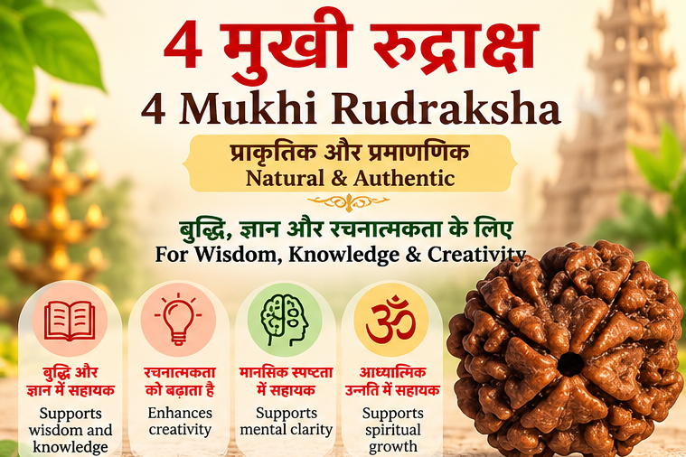 Large brown 4 Mukhi Rudraksha natural bead for puja, prayer, devotion and home worship