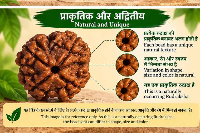 Close-up of a brown 4 Mukhi Rudraksha bead showing natural texture and variation in shape, size and colour