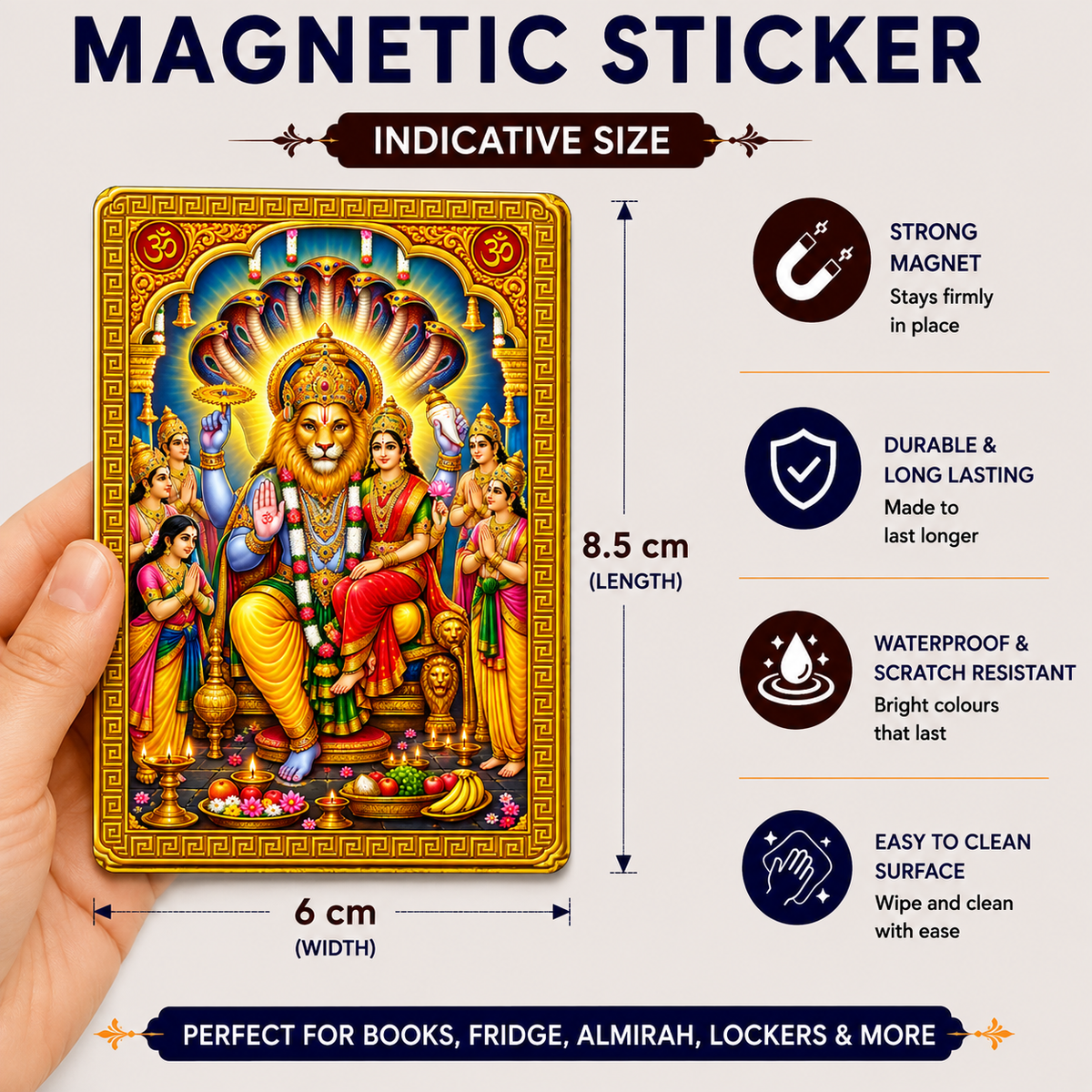 Narsingh Ka Golden Magnetic Sticker for Fridge & Iron Almirah | नरसिंघ जी का सुनेहरा धार्मिक मैग्नेट | Hindu God Decorative Magnet | 8.5 x 6 cm