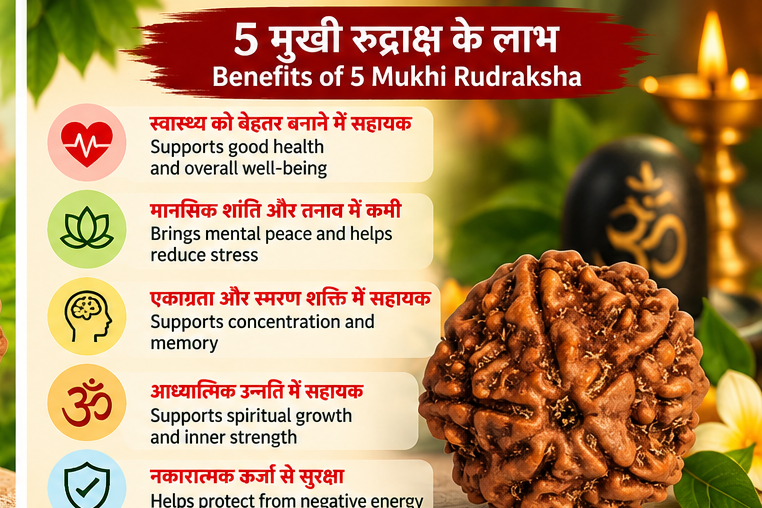 Traditional spiritual significance of 5 Mukhi Rudraksha associated with peace, meditation, concentration and spiritual growth