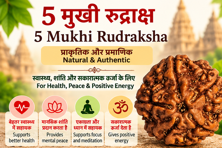 Large brown 5 Mukhi Rudraksha natural bead for puja, prayer, devotion and home worship