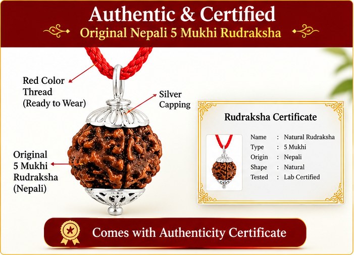 Close-up of a natural five-faced 5 Mukhi Rudraksha pendant with capping and the certificate supplied with it