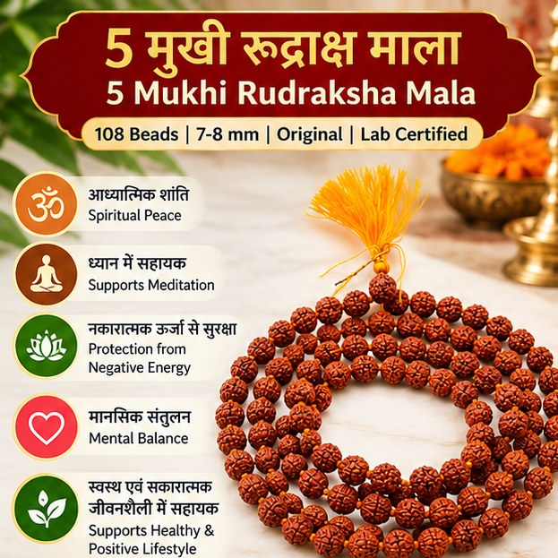 5 Mukhi Panchmukhi Rudraksha Mala with 108 beads, approximately 7–8 mm, for daily wear, prayer and meditation