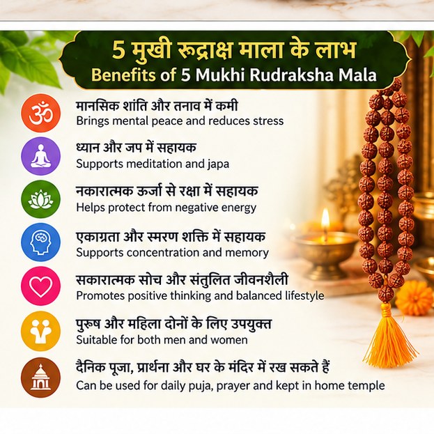 Traditional spiritual significance of 5 Mukhi Rudraksha Mala for japa, meditation, peace and devotional practice