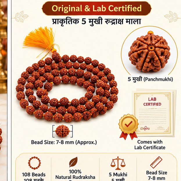 Close-up of 5 Mukhi Rudraksha beads showing natural texture, approximate 7–8 mm bead size and product certification information
