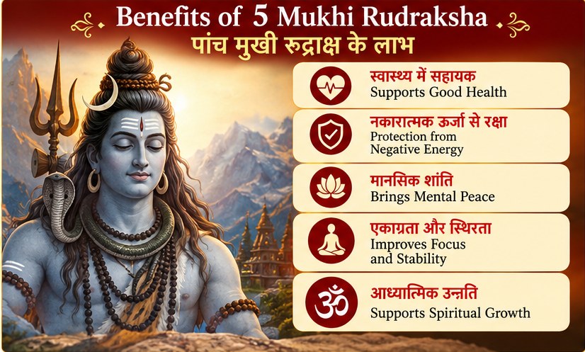 Traditional significance of 5 Mukhi Rudraksha in Hindi and English, associated with Lord Shiva, peace and spiritual growth