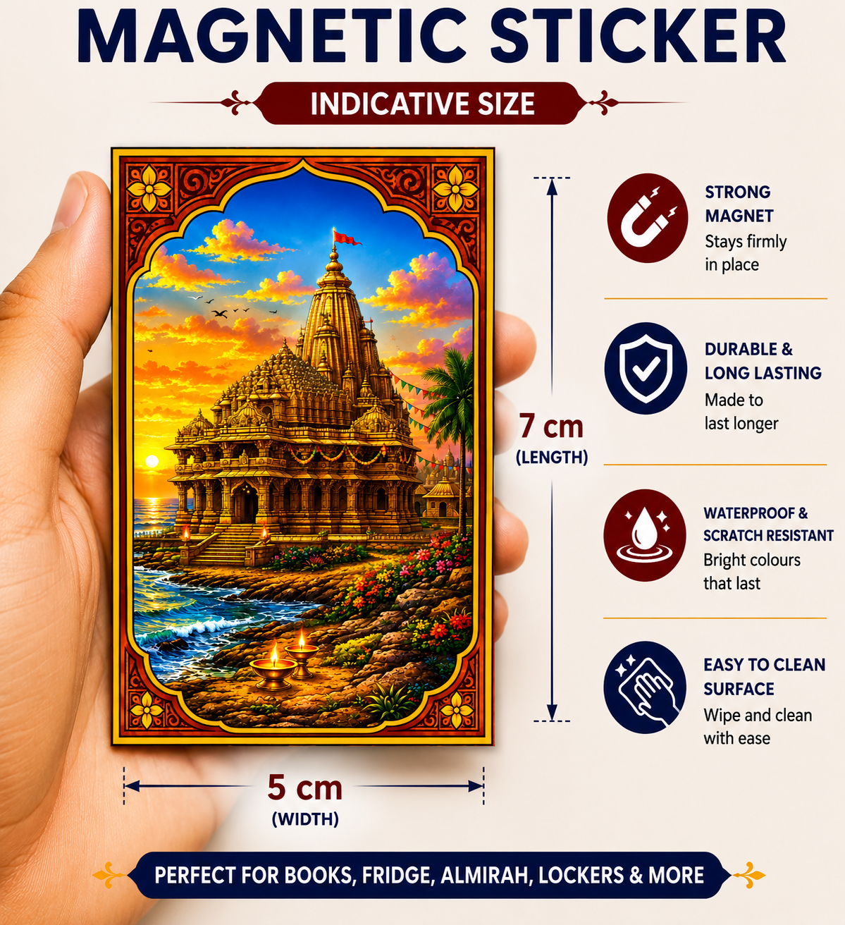 Somnath Ji Ke Mandir Ka Magnetic Sticker for Fridge & Iron Almirah | सोमनाथ जी के मंदिर का धार्मिक मैग्नेट | Hindu God Decorative Magnet | 7 x 5 cm