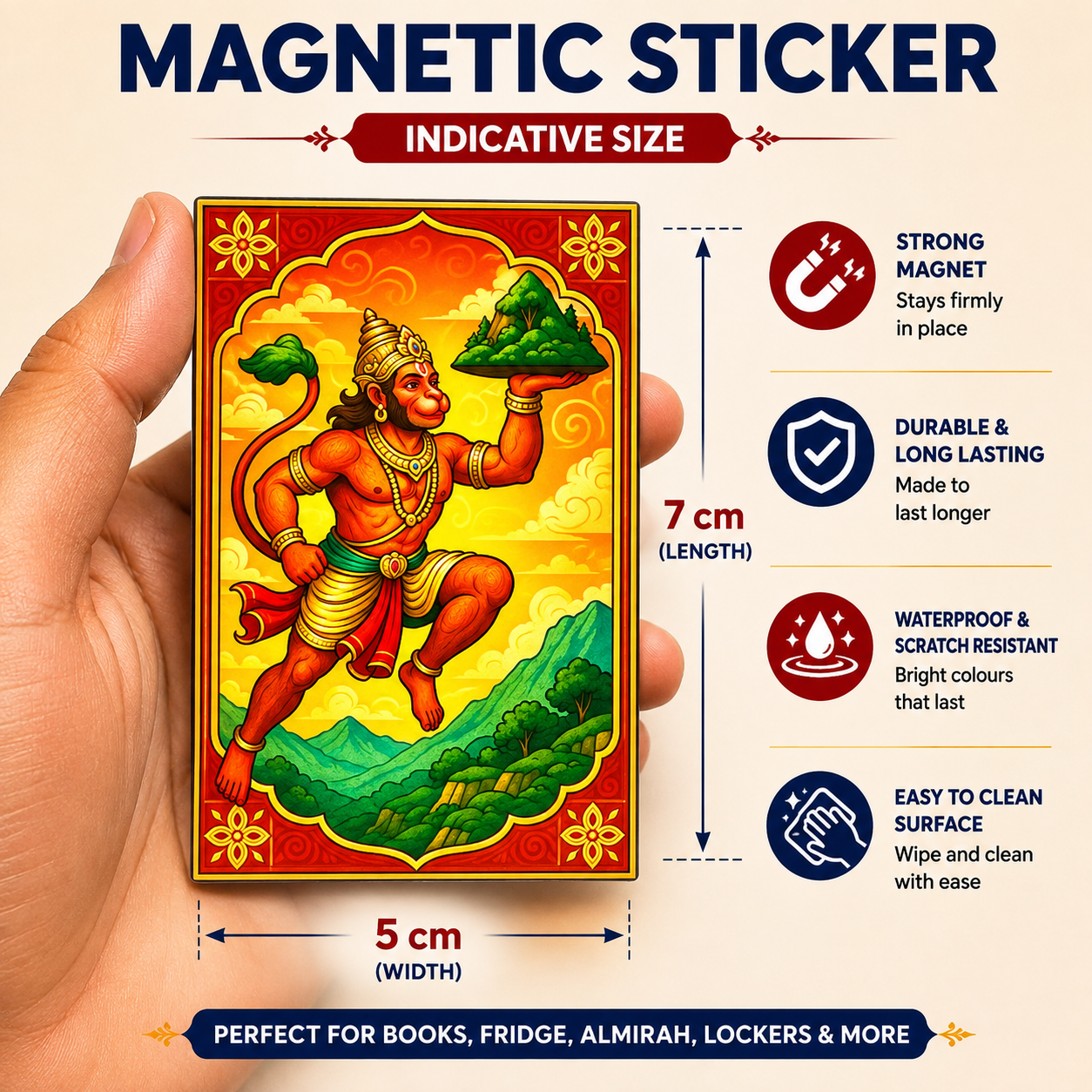 Hanuman Ji Magnetic Sticker for Fridge & Iron Almirah | हनुमान जी धार्मिक मैग्नेट | Hindu God Decorative Magnet | 7 x 5 cm - PoojaBooks.Com