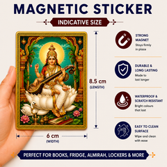 Saraswati Ji Ka Golden Magnetic Sticker for Fridge & Iron Almirah | सरस्वती जी का सुनेहरा धार्मिक मैग्नेट | Hindu God Decorative Magnet | 8.5 x 6 cm