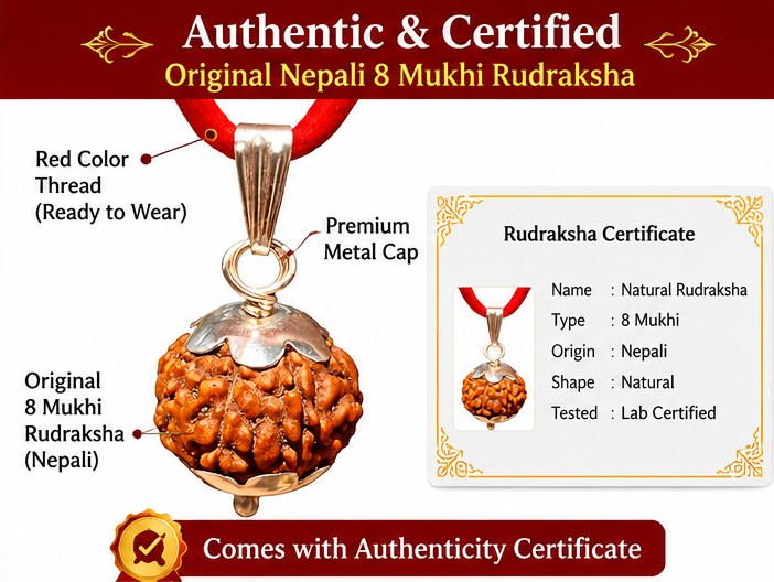 Close-up of a natural eight-faced 8 Mukhi Rudraksha pendant with metal cap and the certificate supplied with it
