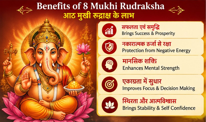 Traditional significance of 8 Mukhi Rudraksha in Hindi and English, associated with Lord Ganesha, success and stability