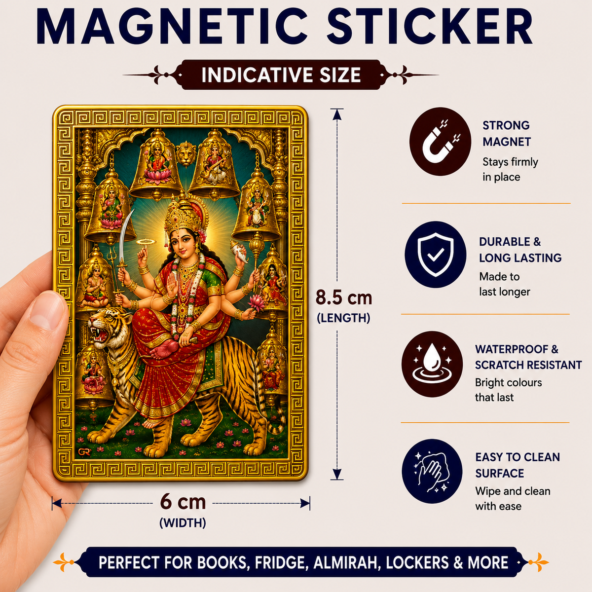 Durga Ji Ka Golden Magnetic Sticker for Fridge & Iron Almirah | दुर्गा जी का सुनेहरा धार्मिक मैग्नेट | Hindu God Decorative Magnet | 8.5 x 6 cm