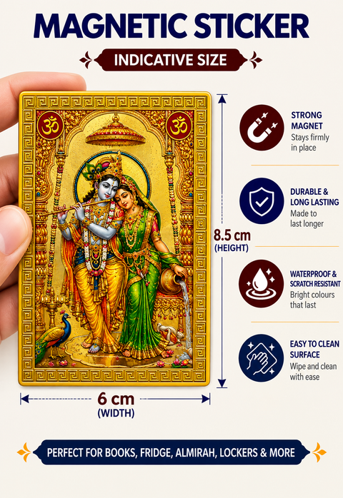 Krishna Radha Ji Ka Golden Magnetic Sticker for Fridge & Iron Almirah | कृष्ण राधा जी का सुनेहरा धार्मिक मैग्नेट | Hindu God Decorative Magnet | 8.5 x 6 cm - PoojaBooks.Com