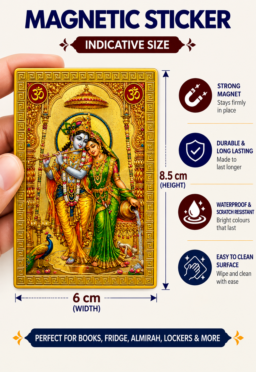 Krishna Radha Ji Ka Golden Magnetic Sticker for Fridge & Iron Almirah | कृष्ण राधा जी का सुनेहरा धार्मिक मैग्नेट | Hindu God Decorative Magnet | 8.5 x 6 cm