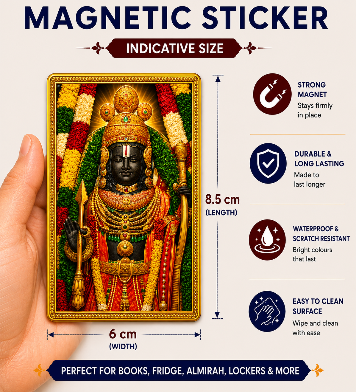 Ram Lalla Ji Ka Golden Magnetic Sticker for Fridge & Iron Almirah | राम लल्ला जी का सुनेहरा धार्मिक मैग्नेट | Hindu God Decorative Magnet | 8.5 x 6 cm