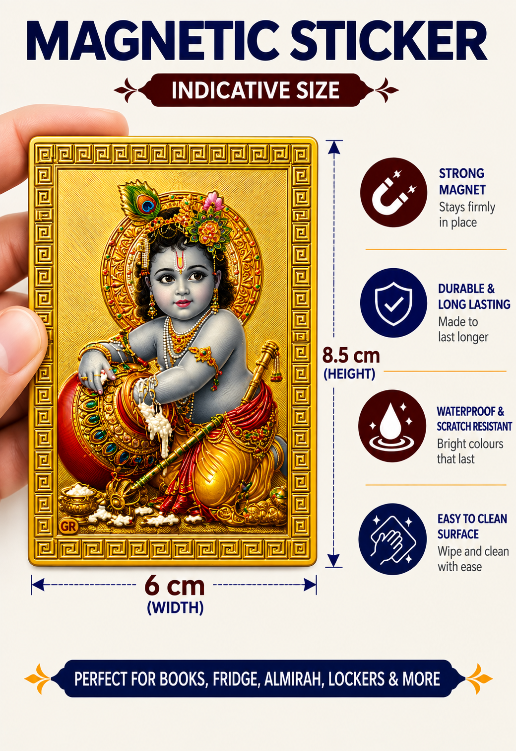 Bal Gopal Ji Ka Golden Magnetic Sticker for Fridge & Iron Almirah | बाल गोपाल जी का सुनेहरा धार्मिक मैग्नेट | Hindu God Decorative Magnet | 8.5 x 6 cm