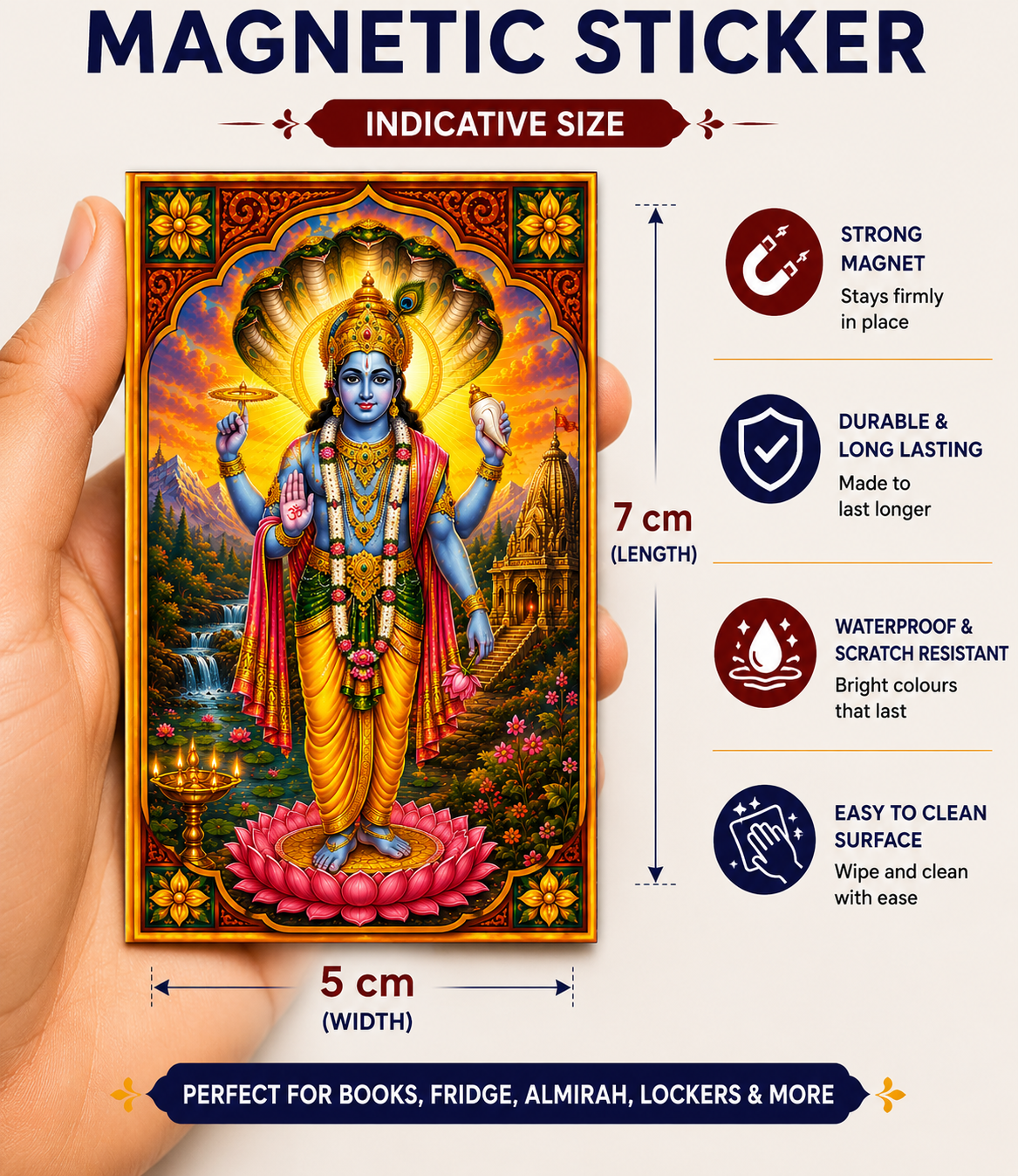 Vishnu Ji Ka Magnetic Sticker for Fridge & Iron Almirah | विष्णु जी का धार्मिक मैग्नेट | Hindu God Decorative Magnet | 7 x 5 cm