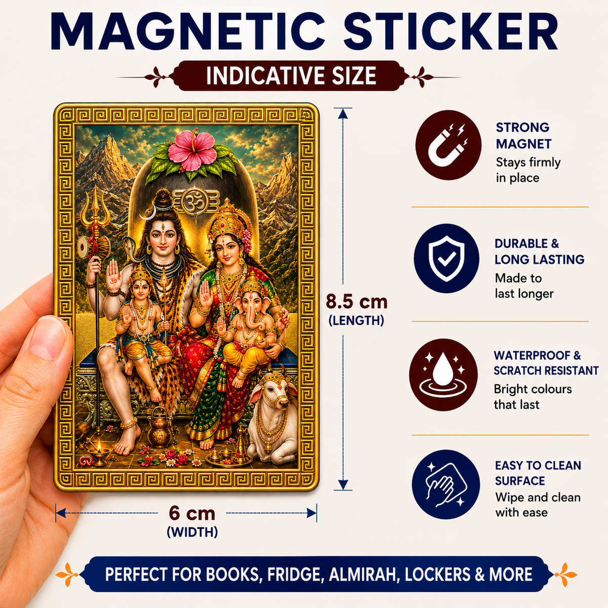 Shiva Parivar Ka Golden Magnetic Sticker for Fridge & Iron Almirah | शिव परिवार का सुनेहरा धार्मिक मैग्नेट | Hindu God Decorative Magnet | 8.5 x 6 cm (Copy)