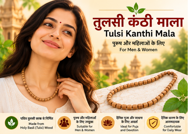 Tulsi Kanthi Mala made from holy basil wood for men and women, suitable for daily wear, puja and devotion