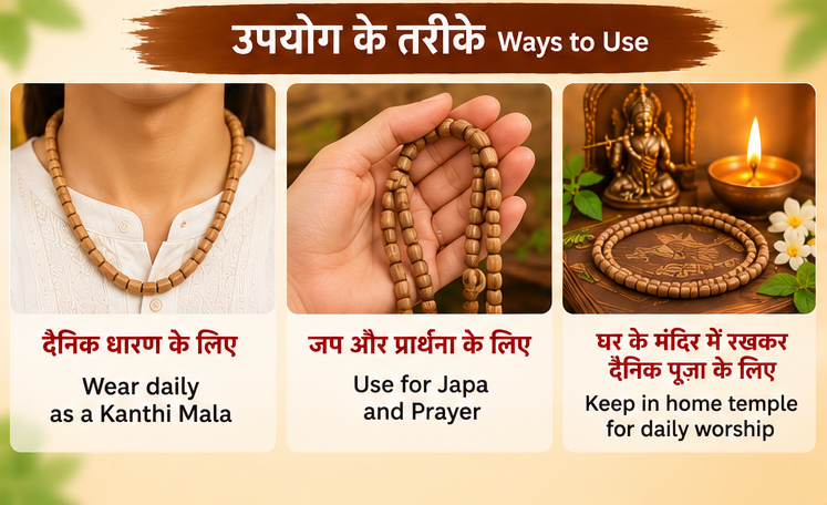 Ways to use Tulsi Kanthi Mala for daily wear, japa, prayer and worship in a home temple