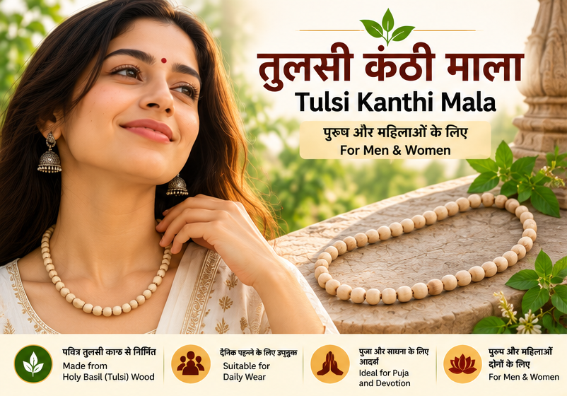 White round bead Tulsi Kanthi Mala made from holy basil wood for men and women, suitable for daily wear and devotion