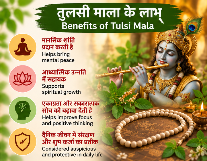 Traditional spiritual significance of white round bead Tulsi Mala for prayer, devotion and daily worship