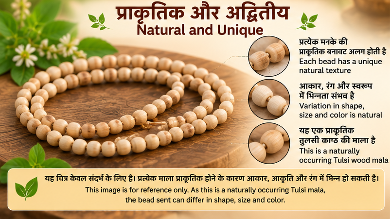 Close-up of white cream round Tulsi wood beads showing natural variations in colour, size, shape and texture