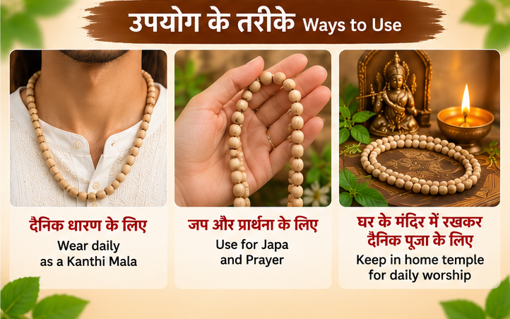 White round bead Tulsi Kanthi Mala for daily wear, japa, prayer and worship in a home temple